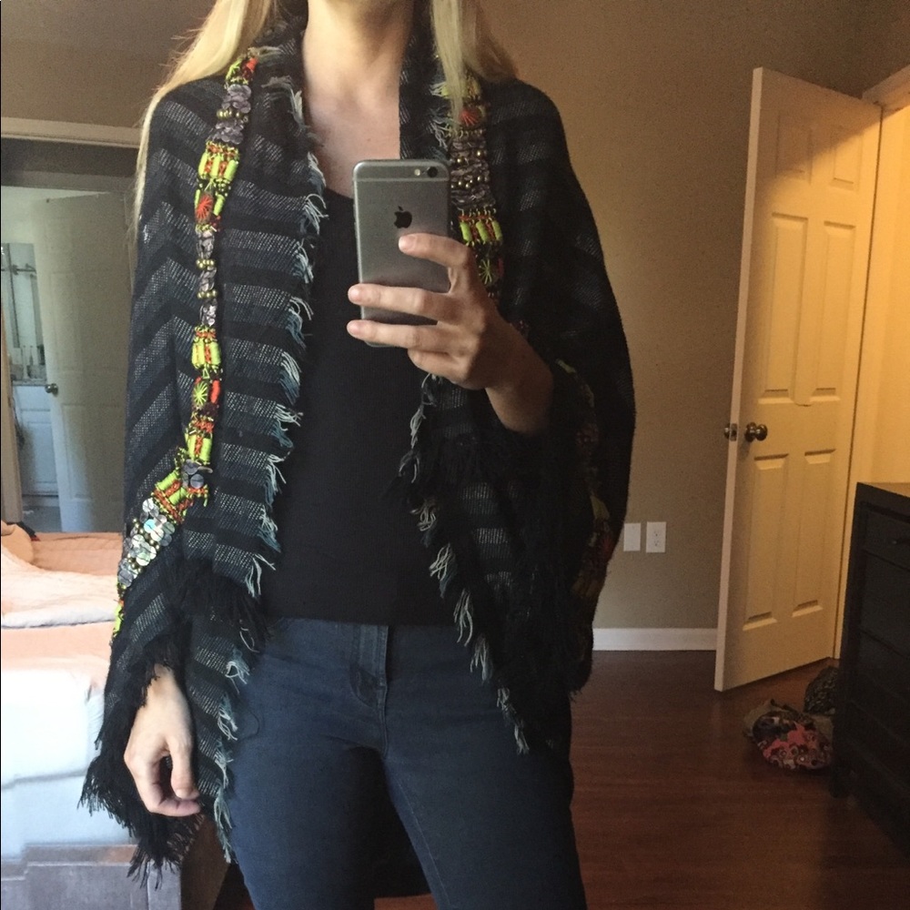 Free People Black Striped Fringed Poncho with Neon Bead Trim